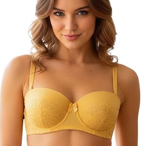 Donna l'Oren Yellow padded Bra lace bow 36C NWT